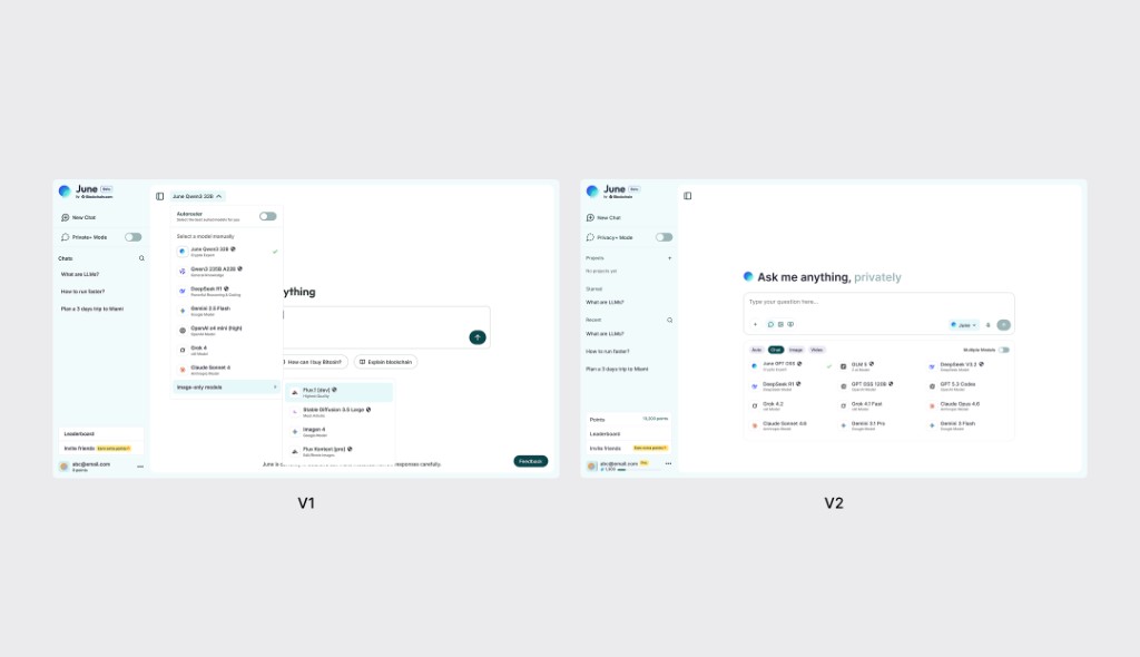 V1 and V2 of the model selector side by side